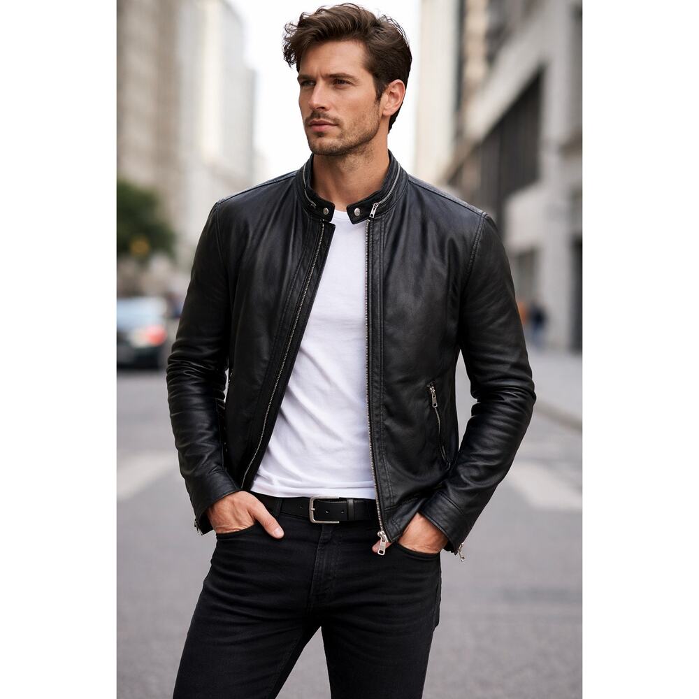 J. Lindeberg Men’s Moto Biker Leather Jacket Zip Black Medium J.Lindberg